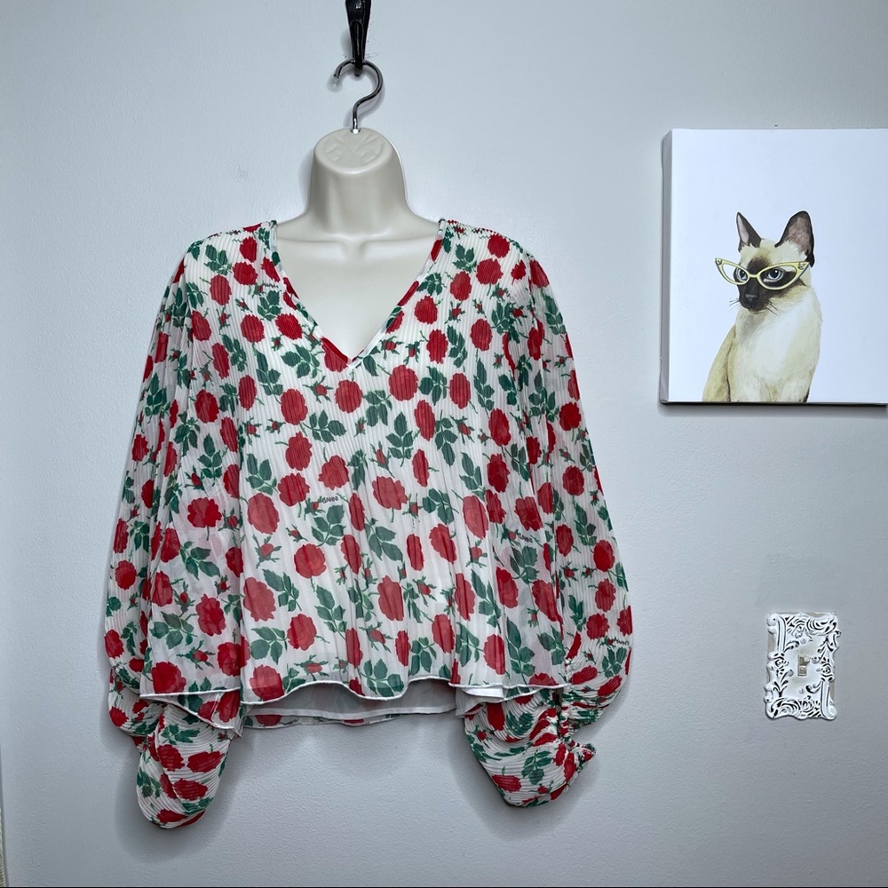 GANNI Georgette Balloon Sleeve Rose Print Pleated Blouse Size 36